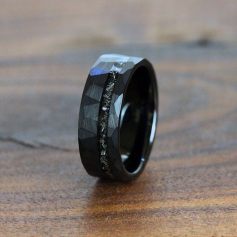 Gibeon Meteorite, Black Tungsten Rings, Meteorite Ring, Tungsten Wedding Rings, Black Tungsten, Ring Men, Hammered Rings, Wolfram, Zebra Wood