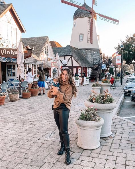 Solvang, California Windmill Fall fashion | fall outfit inspiration | fall ootd | fall outfit inspo | California road trip | Santa Ynez valley | pose with dog | chihuahua | windmill photo op | San Luis Obispo | Los Angeles | turtleneck | leather leggings Solvang California Outfit Winter, Solvang California Outfit, Pose With Dog, California Winter Outfits, Windmill Photos, Solvang California, California Winter, California Road Trip, Fall Outfit Inspiration