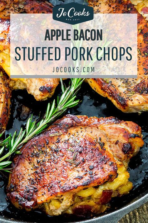 Apple Bacon Stuffed Pork Chops - thick cut, juicy pork chops cooked to perfection and loaded with an incredible apple, bacon and blue cheese stuffing. #stuffedporkchops #porkchops #recipe #theotherwhitemeat Baked Stuffed Pork Chops, Stuffed Pork Chops, Apple Pork, Apple Pork Chops, Pork Chop Recipes Baked, Jo Cooks, Pork Chop Dinner, Juicy Pork Chops, Stuffed Pork