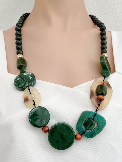 Dark Green Vacation Collar  Polyresin  Beaded,Chain Necklaces Embellished   Jewelry Collar Verde, Embellished Fashion, Gray Necklace, Jewelry Making Earrings, Stone Beaded Necklace, Trendy Necklaces, Stone Decor, Chain Necklaces, Bracelet Crafts