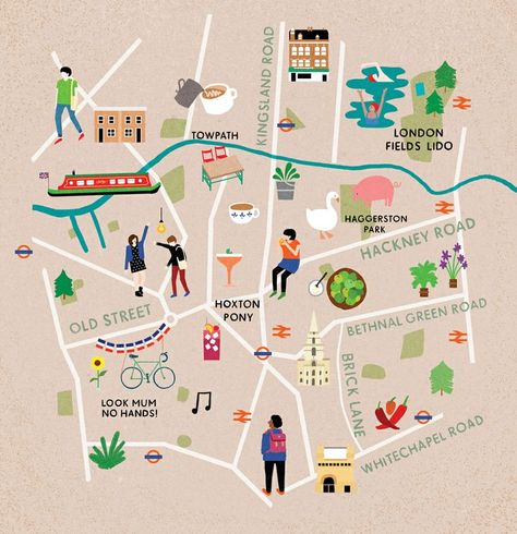 Map of East London for Cara Magazine. Map Illust, Route Map Design, Sitemap Design, Map With Pictures, Illustration City, Illustrated Maps, Map Illustration, Hand Drawn Map, London Map