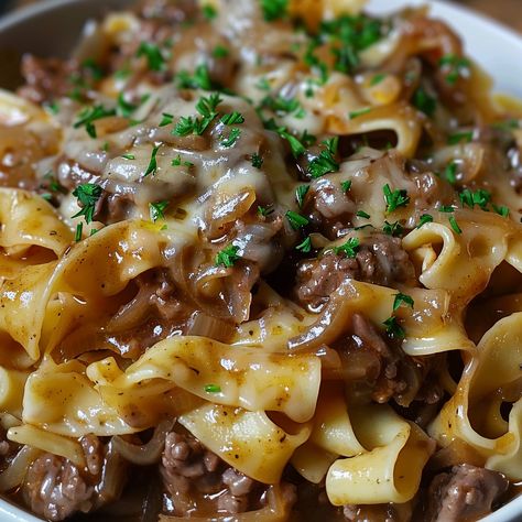 French Onion Beef and Noodles French Onion Beef And Noodles, Tender Beef Stew, Beef And Noodles Recipe, French Onion Beef, Stew Meat Recipes, French Fried Onions, Beef Stew Meat, Noodles Recipe, Stew Meat