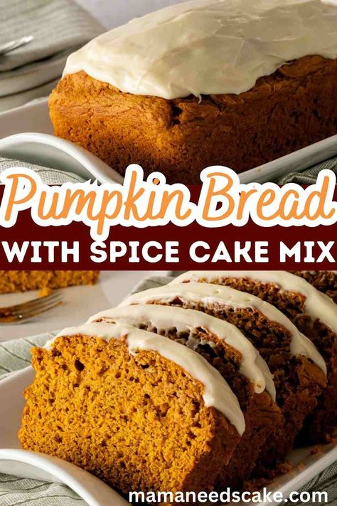 Pumpkin Spice Cake Bread, Spice Cake Mix And Pumpkin Puree, Three Ingredient Pumpkin Bread, Easy Pumpkin Bread With Cake Mix Boxes, Pumpkin Bread With Spice Cake, Eggless Pumpkin Bread, Cake Mix Pumpkin Bread, Pumpkin Spice Cake Mix, Spice Cake Mix Recipes