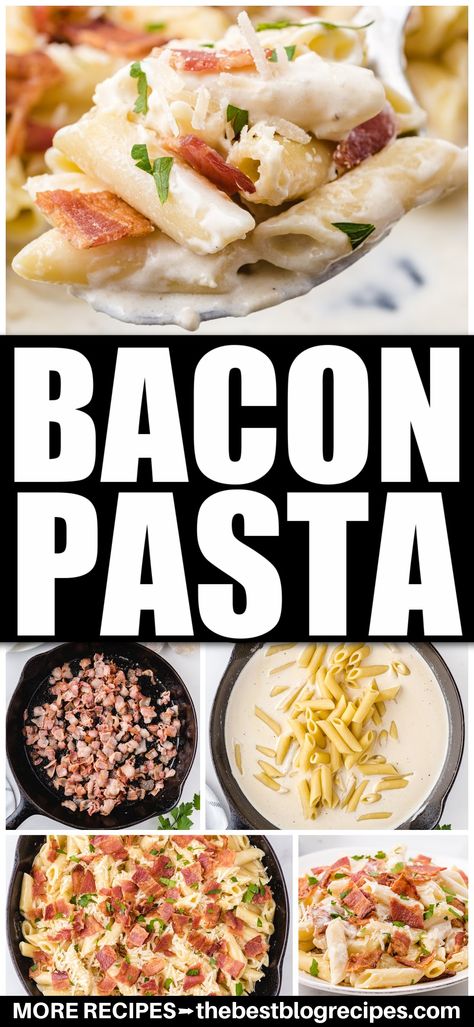 If you like creamy alfredo pasta and love crispy bacon, then this bacon pasta is the perfect recipe! While carbonara is made with eggs, this pasta is made with heavy cream, whole milk, and fresh parmesan cheese to get the rich, creamy sauce that everyone loves! Bacon Alfredo Pasta Recipes, Creamy Bacon Carbonara, Creamy Alfredo Pasta, Noddle Recipes, Bacon Pasta Recipes, Bacon Alfredo, Chicken Bacon Alfredo, Bacon Carbonara, Cream Cheese Pasta