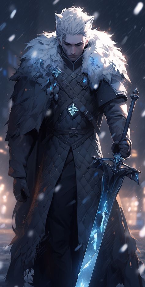 Fantasy Snow Outfit Male, Ice Warrior Fantasy Art, Ice Knight Fantasy Art, Ice Swordsman, Ice Character Design Male, Winter Eladrin Male, Winter Eladrin, Ice Knight, Frost Elf