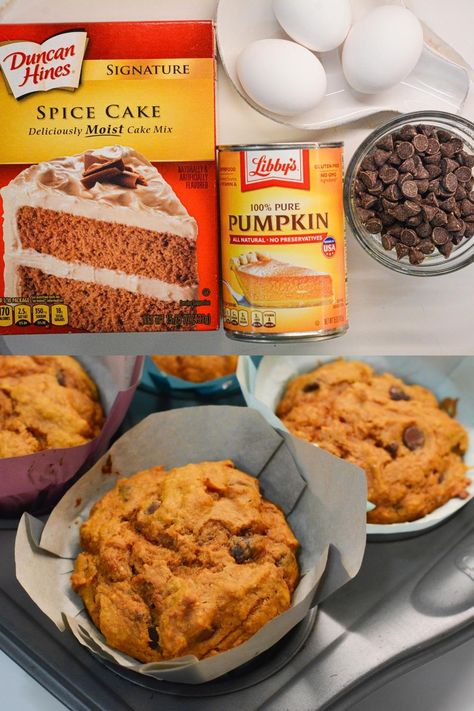 Pumpkin chocolate chip muffins made with a spice cake mix are easy to make with just four ingredients for a quick and easy fall treat. Cake Mix Pumpkin Bars Recipe, Pumpkin Chocolate Chip Muffins 3 Ingredients, Pumpkin Chocolate Chip Mug Cake, Cake Mix And Pumpkin Muffins, Pumpkin Cream Cheese Chocolate Chip, Pumpkin And Chocolate Chip Bread, Pumpkin Muffins With Cinnamon Chips, Choc Chip Pumpkin Muffins, Yellow Cake Mix Pumpkin Muffins