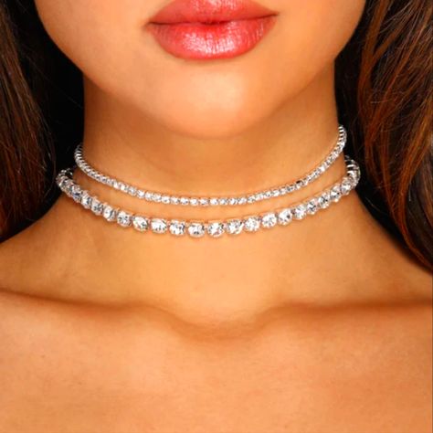 2 Pack Of Rhinestone Diamond Choker Necklaces Make A Offer Or Bundle For Huge Discount Diamond Choker Necklace Indian, Diamond Chocker, 90s Necklace, Velvet Choker Necklaces, Dance Stuff, Diamond Choker Necklace, Wedding Day Jewelry, Fancy Makeup, S Jewelry