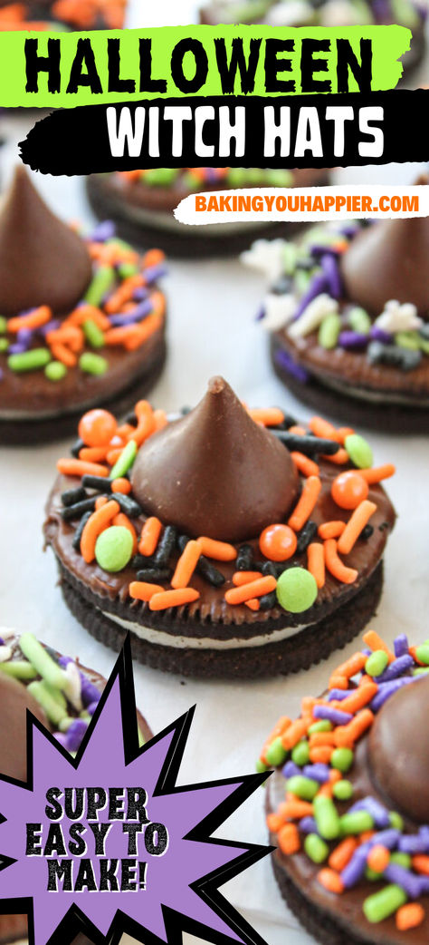 Oreo Witch Hat Cookies, these cute Halloween treats are easy to assemble with just a few simple ingredients! Easy Witch Hat Cookies, Quick Halloween Treats Simple, Witch Hat Oreo Cookies, Oreo Witches Hat, Oreo Fall Treats, Halloween Cookies Simple, Oreo Witches Hat Cookies, Witch Hat Oreos, Witches Hats Cookies