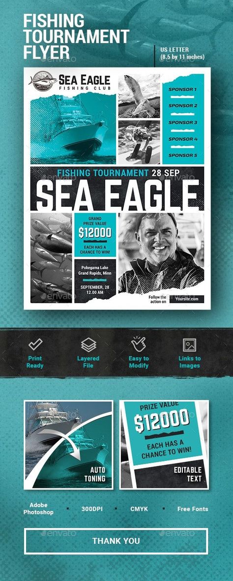 Sea Fishing Tournament Flyer Fishing Tournament, Sea Eagle, Sea Fishing, Sea Fish, Cmyk Color, Grand Rapids, Fishing, Photoshop, Lake