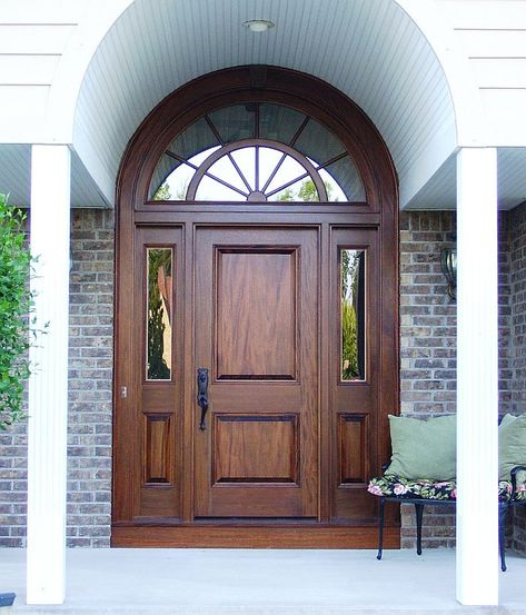 Single Doors w/ Sidelites, Transom | custom, wood, single, sidelites, transom, panel, lite, sunburst, half round, raised, SDL, door | HeartW... Mahogany Exterior Doors, Modern Main Gate Designs, House Main Door, House Main Door Design, House Main Gates Design, Main Entrance Door Design, Beautiful Front Doors, Wooden Main Door Design, Home Door Design