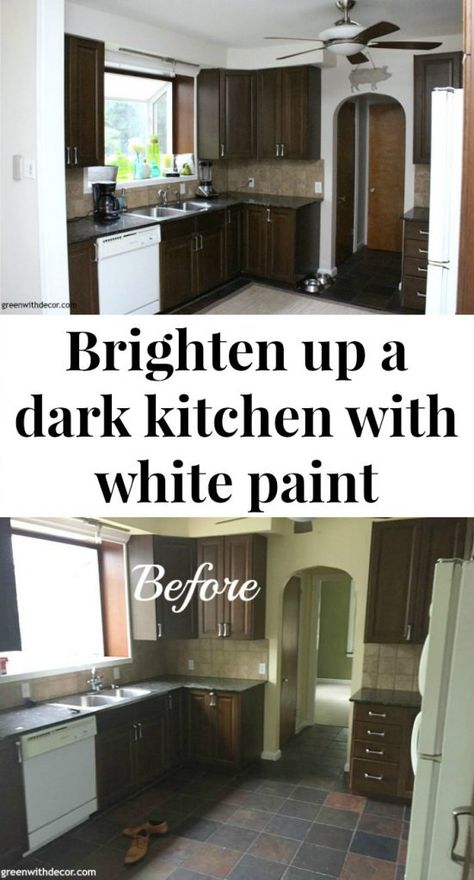 The painted kitchen: Aesthetic White, a great off-white paint color to brighten up a dark kitchen! Love how it looks against the granite counters. Kitchen Aesthetic White, Brighten Kitchen, Composting Bins, Dark Brown Kitchen Cabinets, Kitchen With Dark Cabinets, Dark Brown Kitchen, Dark Wood Kitchen Cabinets, Best Wall Colors, Kitchen Compost