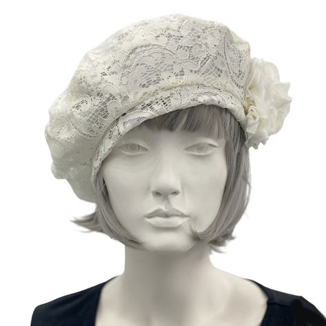 "HANDMADE IN THE USA Full head coverage and a lightweight soft fabric makes this beret a dream for the warmer months of the year. Whether it's hair loss or just a bad hair day this cute hat has you covered and not to mention effortlessly stylish. This gorgeous Beret hat handmade in lightweight lace and lined in satin. Finished with a sweet chiffon rose brooch. The rose can be removed and worn in other places. Easy to wear and an elegant go-to for any occasion. Everybody looks good in a beret Sev Berret Hat, Hats With Veils, Clothing Drawings, Lace Beret, White Beret, Fashion Infographic, Beret Pattern, Lace Hat, Headwear Fashion