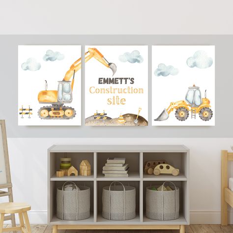 Construction site truck room decor, wall art, dump truck, excavator, 11x14, set of 3 prints included, name is customizable, printable Construction Wall Decor, Construction Vehicle Bedroom, Little Boy Truck Room, Excavator Bedroom Ideas, Toddler Boy Construction Room, Toddler Boy Construction Bedroom, Tonka Truck Nursery, Truck Themed Boys Room, Construction Theme Nursery