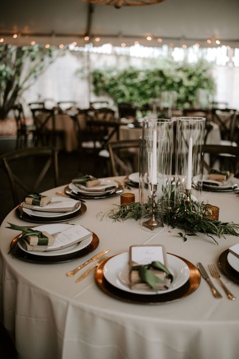 Greenery Tablescape Round Table, Wedding Fall Table Setting, Round Table With Greenery, November Wedding Ceremony Decor, Wedding Table Setting Ideas Round, Sage Green And Rust Wedding Centerpieces, Wedding Table Setting Round Tables, Simple Wedding Design Decor, Moody Wedding Table Setting Round