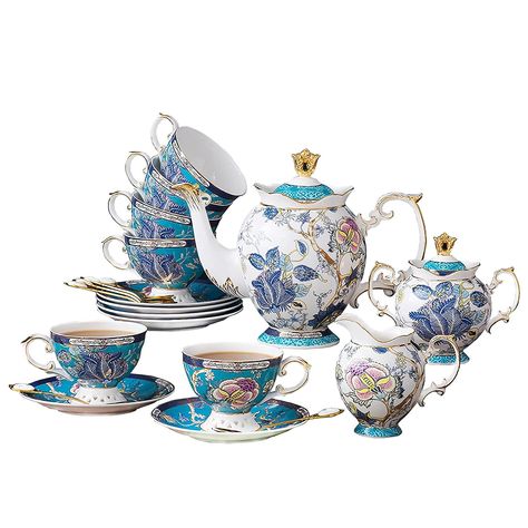 ACMLIFE Bone China Coffee Tea Sets, 21-Piece Porcelain Tea Cup Set, Tea Cup and Saucer Set Service for 6 with 34 Ounces Teapot,Sugar Bowl,Creamer Pitcher and Teaspoons Tea Party Setting, Bone China Tea Set, Sugar Bowls And Creamers, Porcelain Tea Set, Tea Sets Vintage, China Tea Sets, Porcelain Cup, Cup Set, China Tea