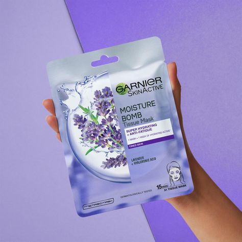 Treat tired skin to the Garnier Moisture Bomb Lavender Hydrating Face Sheet Mask; a rejuvenating, 15-minute mask with a pleasant, relaxing scent to pamper the senses.  The water-based mask with Hyaluronic Acid and Lavender Essential Oil adheres closely to facial contours, and infuses skin with long-lasting moisture whilst combating signs of fatigue. Expect a soft, comfortable complexion that looks brighter, smoother and healthier.  Dermatologically tested.  Suitable for sensitive skin.  Free fro Best Sheet Masks, Coconut Conditioner, Face Sheet Mask, Garnier Skin Active, Skin Care Mask, Face Hydration, Hydrating Mask, Dehydrated Skin, Sheet Mask