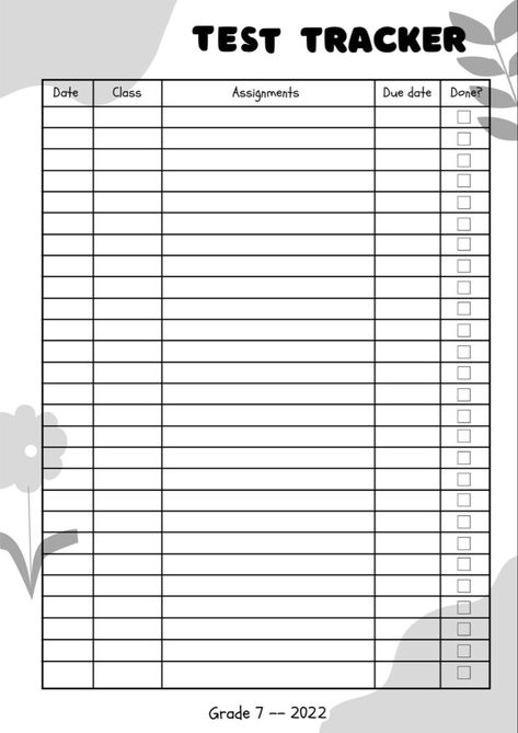 Test tracker | Printable Planner by  Cassandra Pittman Homework Tracker Template, Grade Tracker Template, School Book Cover Ideas Printable, English Astethic, Homework Tracker Printable Free, Homework Planner Aesthetic, School Assignment Planner, Grade Tracker Printable, Test Planner