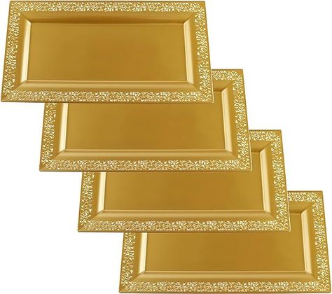 Amazon.com: Yumchikel-Decorative Plastic Serving Tray & Platter Set (4pk)-Gold & lace Rim Serving Trays & Platters for Food - Weddings, Upscale Parties, Dessert Table, Cupcake Display - 14"x7.5" inches : Home & Kitchen Disposable Serving Trays, Plastic Serving Trays, Serving Tray Set, Plastic Dinnerware, Cupcake Display, Platter Set, Party Trays, Dessert Tray, Plastic Ware