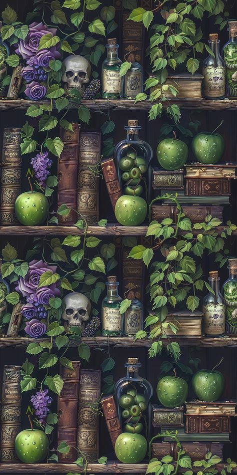 Artsy Phone Wallpaper, Witchy Iphone Wallpapers, Green Witch Wallpaper, Dnd Aesthetic Wallpaper, Shelf Wallpaper Iphone, Witchy Background, Library Background, 13 Wallpaper, Witch Wallpaper