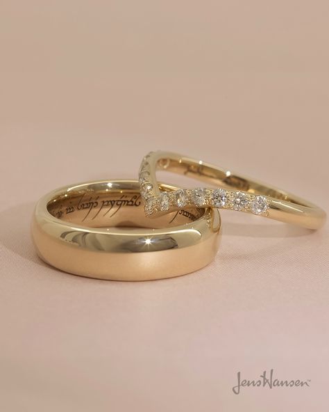 The perfect pair. Our Yellow Gold "Little One" Replica Ring with Elvish Engraving, and Yellow Gold Wishbone Shaped Band with pave set Diamonds. Wedding Ring Gold, Wishbone Ring, Custom Ring, Gold Wedding Band, Pretty Food, Custom Rings, Wedding Rings Engagement, Perfect Pair, Little One