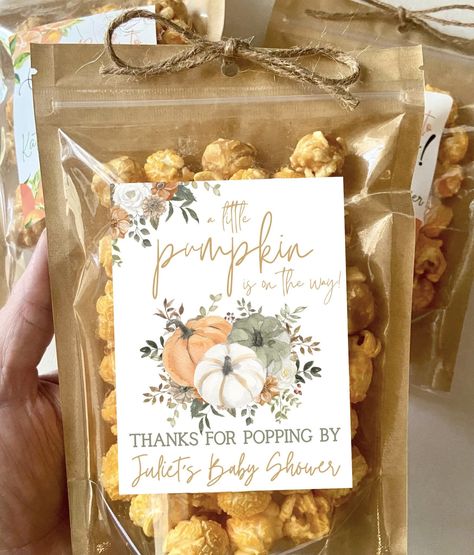 Pumpkin Baby Shower Favors Popcorn Treat Bags A Sweet Little Pumpkin Personalized Fall Baby Shower Boy Girl Neutral White Green Pumpkin - Etsy Popcorn Baby Shower Favors, Baby Shower Popcorn, Lil Pumpkin Baby Shower, November Baby Shower, Popcorn Wedding Favors, Fall Baby Shower Themes, Fall In Love Bridal Shower, October Baby Showers, Popcorn Treats