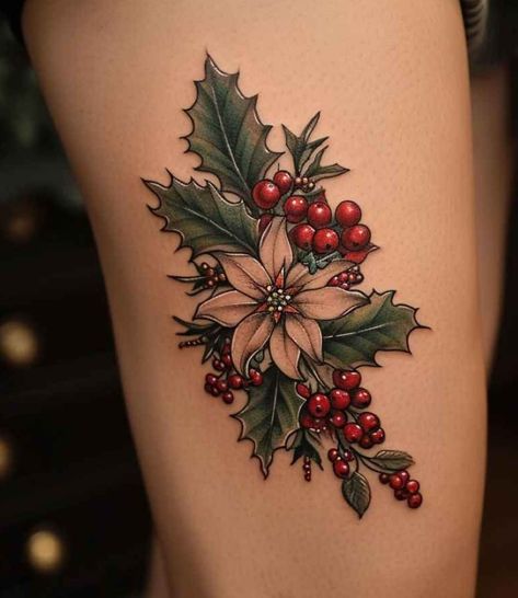 Holly Tattoo Color, Four Season Tattoo, Holly Tattoo Design, Poinsetta Tattoo Design, Pointsetta Tattoo Flower, Yule Tattoo, Holly Leaf Tattoo, Holly Tattoo Flowers, Holly Berry Tattoo