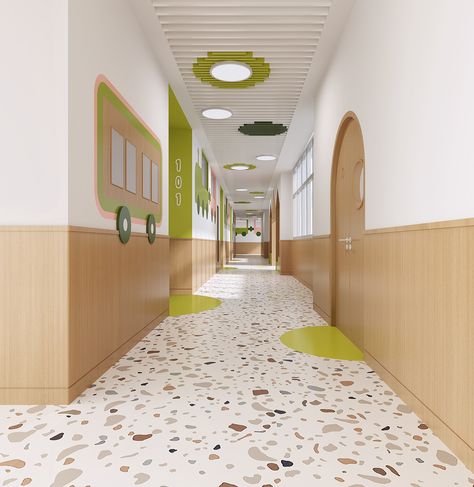 Childcare Interior Design, Daycare Hallway Ideas, Preschool Architecture Design, Kindergarten Design Interior, Kindergarden Interiors, Kindergarten Design Ideas, Kindergarten Design Concept, Pediatric Clinic Design, School Design Interior