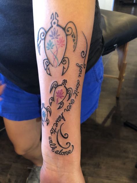 Sea Turtle Memorial Tattoo, Turtle Family Tattoo, Ezra Tattoo, Kids Birthday Tattoo, Hawaiian Turtle Tattoos, Moms Tattoo, Grandchildren Tattoos, Tattoos For Dad Memorial, Turtle Tattoos