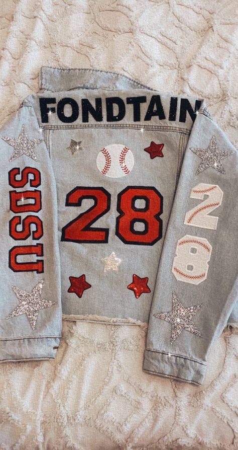 Custom Sports Jean Jackets, Baseball Custom Shirts, Baseball Game Outfit High School, Football Girlfriend Denim Jacket, Sports Team Jean Jacket Diy, Custom Baseball Shirts Girlfriend, Football Game Outfit Girlfriend, Boyfriend Football Jean Jacket, High School Baseball Game Outfit