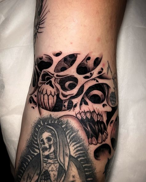 Ditch Gap filler for Ryan ☠️ (healed skull mary by me as well) Done at @capital.tattoo . . . . #gapfiller #ditchtattoo #skulltattoo #gapfillertattoo #tattoomelbourne #finelinetattoo #finelinetattoomelbourne #skulls #skullstattoo #skinriptattoo #skinripping #cheesetattoo #holesinskintattoo Spooky Filler Tattoo, Skull Filler Tattoo, Skull Elbow Tattoo, Long Tattoo Ideas, Small Gap Filler Tattoo, Gap Filler Tattoo Design, Sleeve Gap Fillers Tattoo Ideas, Tattoo Gap Fillers, Inner Elbow Tattoo