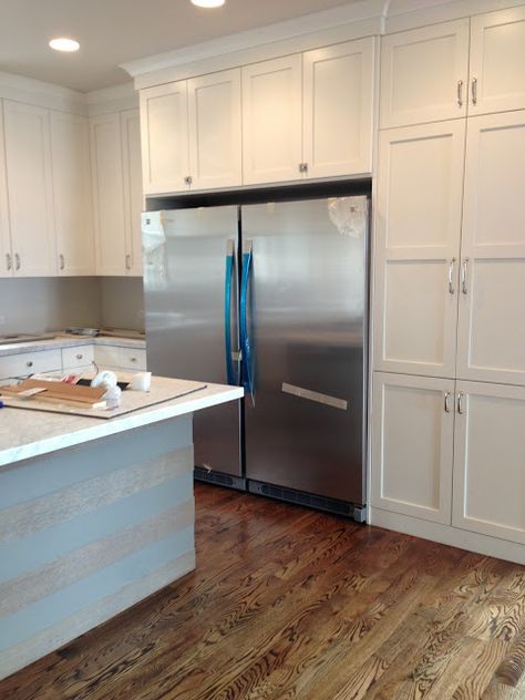 design dump: Side by Side Freezer & Fridge, cabinets, island color, hardwood floors. Freezer And Refrigerator In Kitchen, Refrigerator And Freezer Separate, Refrigerator Freezer Side By Side, Freezer Fridge Side By Side, Refrigerator And Freezer Side By Side, Freezer And Fridge Side By Side, Commercial Fridge And Freezer In Kitchen, Kitchen With Commercial Refrigerator, Side By Side Refrigerator And Freezer