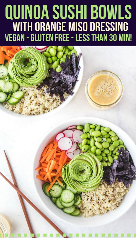 These Quinoa Sushi Bowls with Orange Miso Dressing are gluten free, oil free, and great for vegan meal prep! #sushi #sushibowl #vegansushi #quinoa #plantbased #vegan #buddhabowl #quinoabowl #mealprep via frommybowl.com Sushi Bowls, Vegan Quinoa, Sushi Bowl, Vegan Sushi, Miso Dressing, Vegan Bowls, Vegan Meal Prep, Sushi Recipes, Vegan Meal