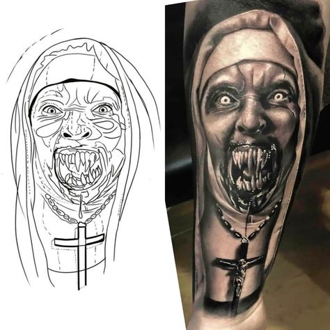 Scary Nun Tattoo, Nun Tattoo Stencil, Valak Tattoo Design, Evil Nun Drawing, Portrait Tattoo Stencil, Nun Tattoo Design, Horror Tattoo Stencil, Horror Tattoo Designs, Marvel Tattoo Ideas