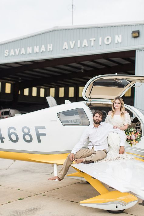 70’s vintage airplane hangar wedding inspiration Aviation Wedding Cake, Airplane Hangar Wedding, Aviation Wedding Theme, Airport Wedding, Hangar Wedding, Airplane Wedding, Safe The Date, Aviation Wedding, Airplane Hangar