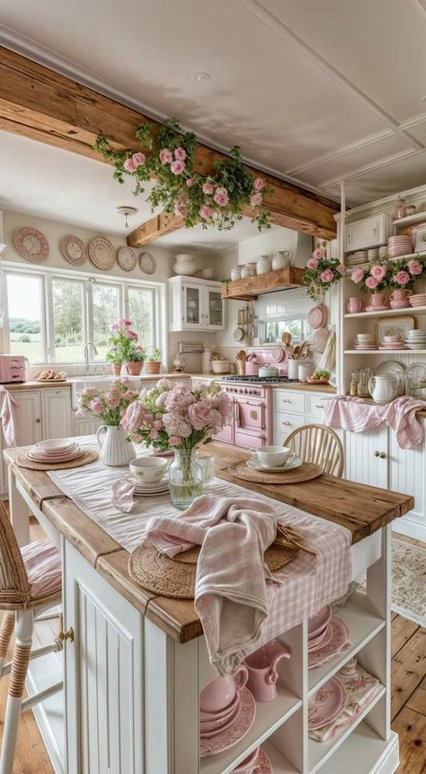 Pink House Interior, English Cottage Kitchens, Cocina Shabby Chic, Pink Cottagecore, Cottagecore Kitchen, Layout Kitchen, Cottage Kitchen Design, Makeover Kitchen, Cabinets Makeover