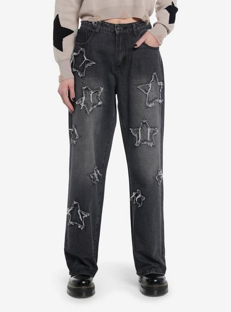 Black Frayed Star Patch Wide Leg Denim Pants | Hot Topic Billie Concert, Girls Black Jeans, Wide Leg Denim Pants, Star Patches, Reaching For The Stars, Star Jeans, Hoodie Girl, Wide Leg Denim, Pants Straight