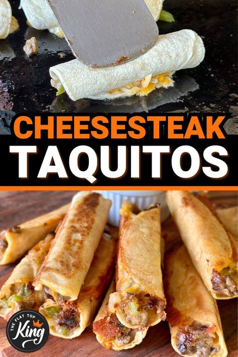 Looking for some new Blackstone griddle appetizer recipes?  Make these cheesesteak taquitos for football party food or other appetizers on the griddle!  With tender ribeye steak, shredded cheese, diced peppers and onions, and crispy corn tortillas, these steak and cheese taquitos will be a hit! Steak Taquitos Recipes, Blackstone Football Food, Blackstone Tailgating Recipes, Blackstone Appetizer Recipes, Blackstone Appetizers, Steak Taquitos, Tender Ribeye Steak, Crispy Corn Tortillas, Blackstone Meals