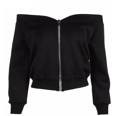 Off The Shoulder Zip Up Cropped Sweatshirt Shop Elettra (€50) ❤ liked on Polyvore featuring tops, hoodies, sweatshirts, black, cropped sweatshirt, cut-out crop tops, zip up top, off-shoulder tops and zip up sweatshirts Pakaian Crop Top, Off Shoulder Jacket, Zip Up Crop Top, Vestiti Edgy, Zip Up Top, Sweaters Black, Off The Shoulder Tops, Denim Crop Top, Crop Top Hoodie