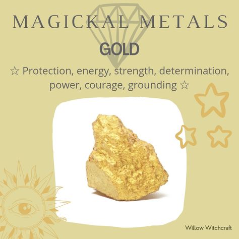 Willow Witchcraft Gold Spiritual Meaning, Metal Magical Properties, Dirt Magical Properties, Copal Resin Magical Properties, Shells Magical Properties, Turmeric Magical Properties, Gold Properties, Witchcraft Meaning, Color Magick