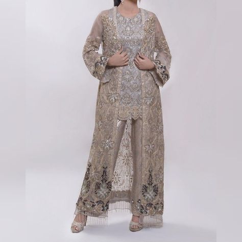 Latest Pakistani Dress Designs 2020, Kebaya With Pants, Net Dresses Pakistani Style, New Party Wear Dress, Long Jacket Dresses, Net Dresses, Eastern Wear, Organza Jacket, Pakistani Party Wear Dresses