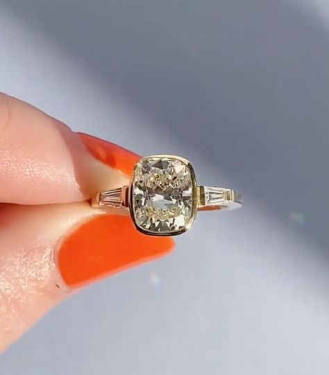 Baguette Side Stones, Wedding Jitters, Elongated Cushion Cut, Elongated Cushion, Cute Engagement Rings, Bezel Engagement Ring, Cushion Engagement Ring, Dream Engagement, Dream Engagement Rings