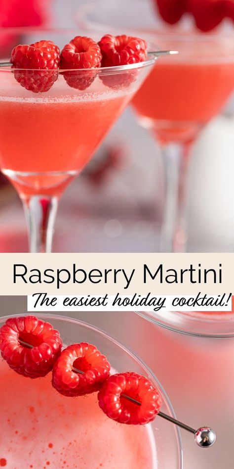 This raspberry martini is a deliciously sweet and strong cocktail that is perfect for the holidays. It is easy to make in a large batch for guests, or just a couple at a time. Made from homemade syrup for the most powerfully flavorful raspberry flavor that will be a hit with everyone! Raspberry Cocktail Vodka, Raspberry Cosmopolitan Drink, Drinks With Raspberry Syrup, Rasberry Drinks Alcohol, Raspberry Syrup Cocktail, Raspberry Lemondrop Martini Recipe, Raspberry Cocktail Recipes, Fun Easy Cocktails, Raspberry Cosmo