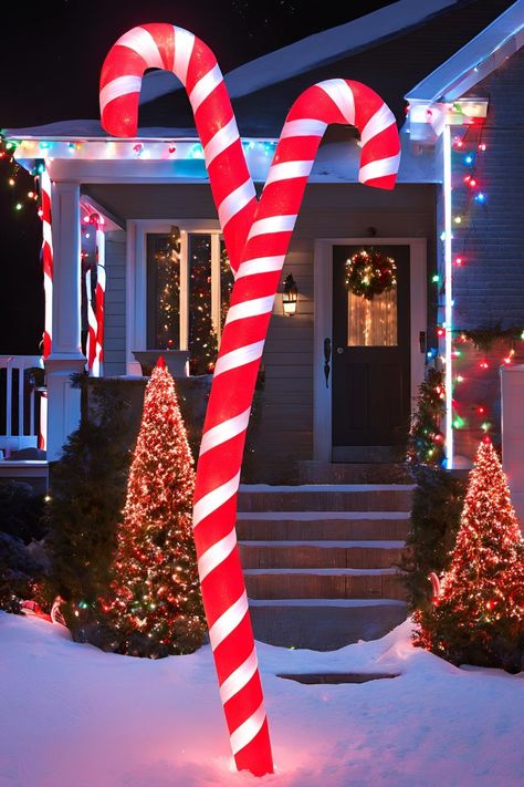 Giant DIY Christmas Candy Canes Made from Pool Noodles Large Candy Cane Decorations Diy, Large Candy Cane Decorations, Candy Cane Decorations Diy, Diy Giant Candy, Giant Christmas Decorations, Diy Christmas Decorations For Outside, Outdoor Spaces Diy, Christmas Decorations For Outside, Cane Decorations