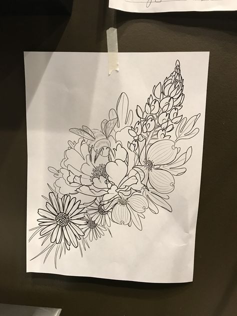 Birth Flower Cluster Tattoo, Cluster Of Flowers Tattoo, Flower Cluster Drawing, Flower Cluster Tattoo, Cluster Drawing, Thigh Tats, Drawing Tattoo Ideas, Thigh Tat, Aquarius Tattoo