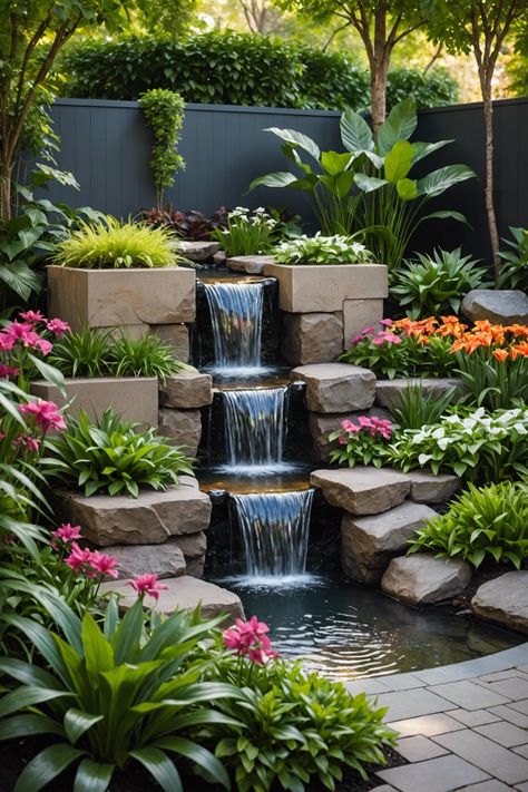 20 Small Garden Waterfall Ideas – ToolzView Water Feature For Small Backyard, Diy Container Waterfall, Dream Garden Design, Backyard Water Feature Waterfalls, Natural Water Features In The Garden, Waterfall Ponds Backyard, Garden Water Features Ideas, Waterfall Garden Ideas, Outdoor Pond Ideas