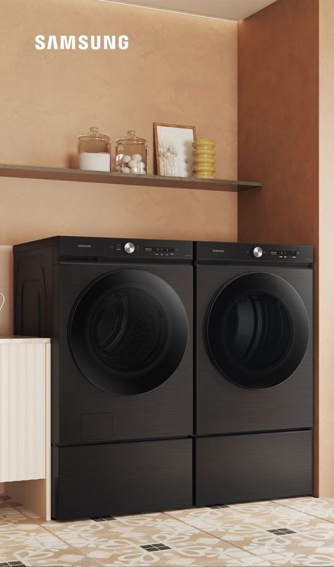 Black Washer And Dryer, Samsung Laundry Room, Black Washer Dryer, Laundry Room Remodel Ideas, Samsung Laundry, Samsung Bespoke, Laundry Room Remodel, Laundry Dryer, Washer Dryer Combo