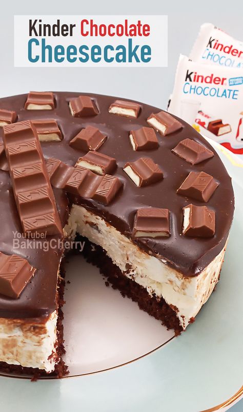 Kinder chocolate cheesecake recipe. A soft and fluffy chocolate cake with creamy cheesecake mousse full of Kinder chocolate chunks. To top it off, a rich and velvety layer of chocolate ganache will leave you wanting more! Cheesecake And Chocolate Cake, Chocolate Cake And Cheesecake, Kinder Cheesecake Recipe, Kinder Bueno Cheesecake Recipe, Cheesecake Recipes Chocolate, Chocolate Cake With Cheesecake, Kinder Chocolate Cake, Bueno Cheesecake, Cheesecake Chocolate Cake