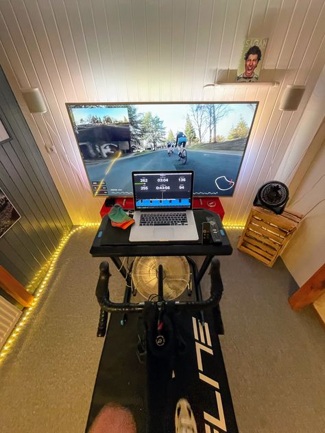 Zwift Cycling Setup, Pain Cave Cycling, Indoor Cycling Aesthetic, Zwift Cycling, Cardio Workout Plan, Small Home Gyms, Indoor Bike Trainer, Bike Room, Gym Room At Home