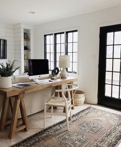 Modern Farmhouse workspace. Wood desk and vintage rug. #officeinspiration #interiordesign Home decor, office decor, office decor inspiration, office ideas, office decor ideas, home office decor, home office decor inspiration, home office ideas, home office decor ideas Office Ideas With Couch, Små Rum Lidt Plads, Furnitur Ruang Keluarga, Desk In Living Room, Home Office Ideas, Bureau Design, Small Home Office, Cool Ideas, Trendy Home