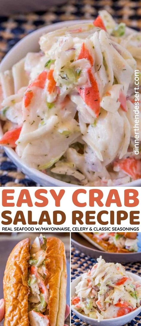 Crab Salad is a classic Seafood Salad recipe with imitation crab, shallot and celery in a creamy dressing with a blend of herbs and spices. Imitatation Crab Salad Recipe, Ham Pasta Salad, Crab Ideas, Crab Meat Salad, Seafood Salad Recipe, Crab Pasta Salad, Crab Food, Ham Pasta, Crab Salad Recipe